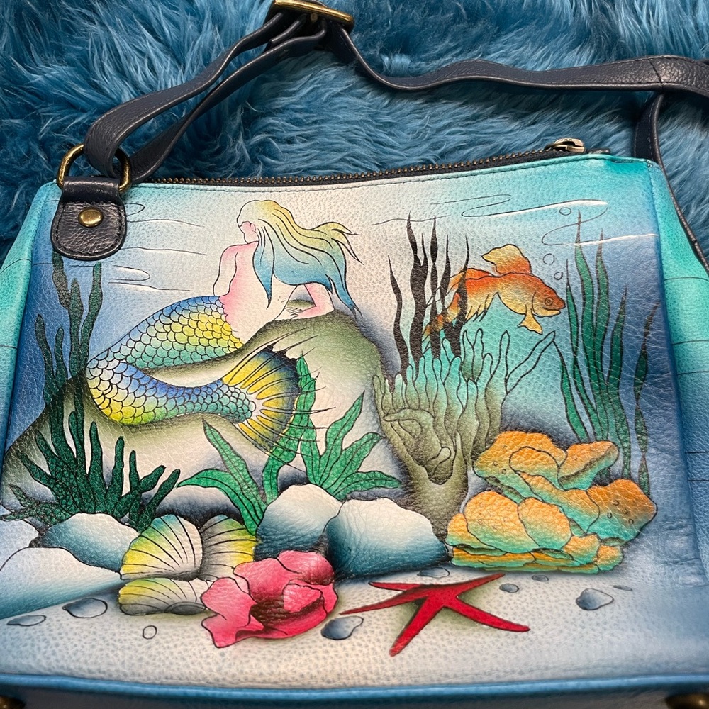 Anuschka Mermaid Design Blue Adjustable Crossbody Purse and Wallet Set - Picture 9 of 9